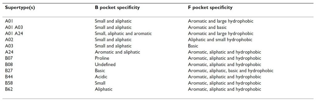 Table 1. HLA supertype specificity descriptions (3).